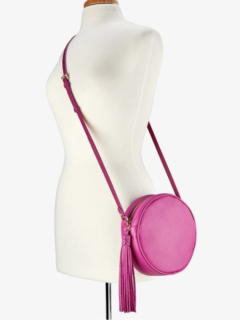 Gigi New York Crossbody Azalea Pebble Grain Leather Pink Round Bag with Tassel - Picture 9 of 9